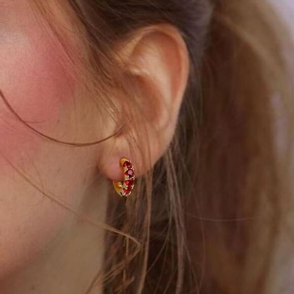 14K Yellow Gold 925 Sterling Silver with Ruby Red Cubic Zirconia Huggie Earrings - Picture 3 of 7